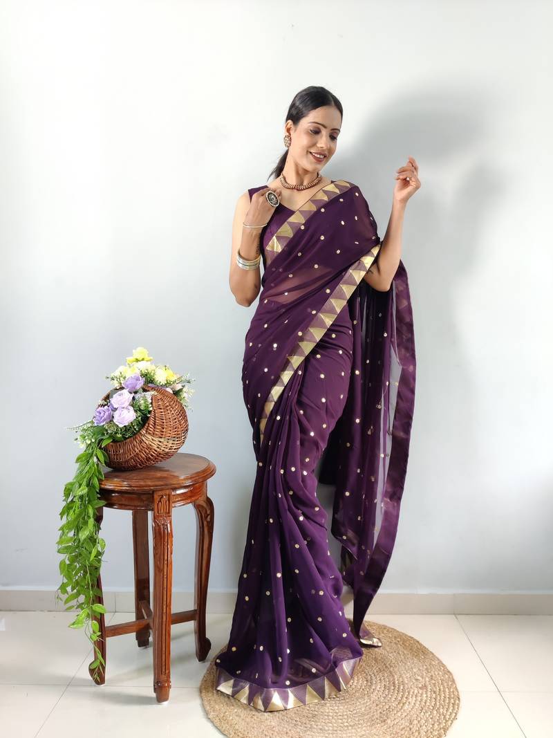 ready to wear purple faux georgette embroidered saree