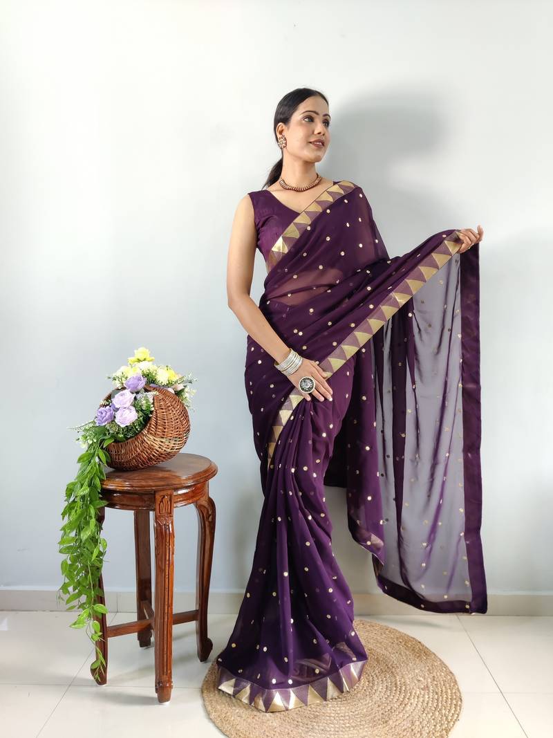 ready to wear purple faux georgette embroidered saree