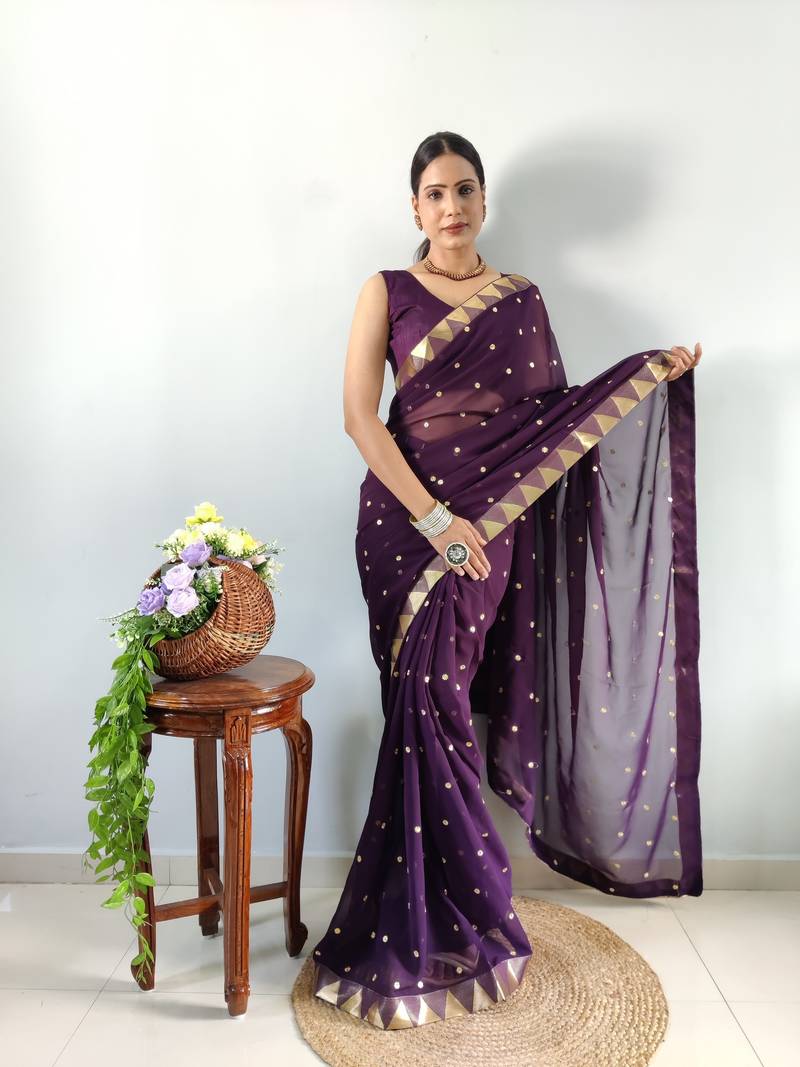ready to wear purple faux georgette embroidered saree