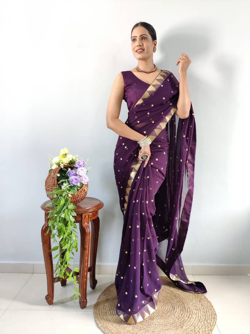 ready to wear purple faux georgette embroidered saree