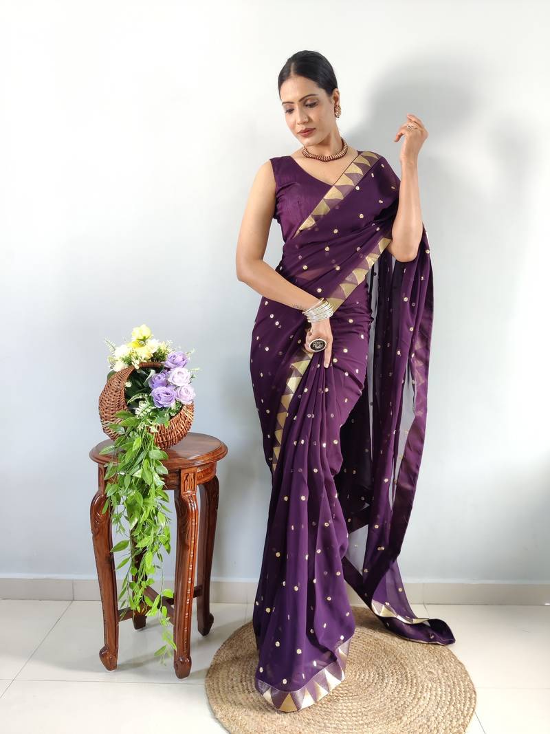 ready to wear purple faux georgette embroidered saree