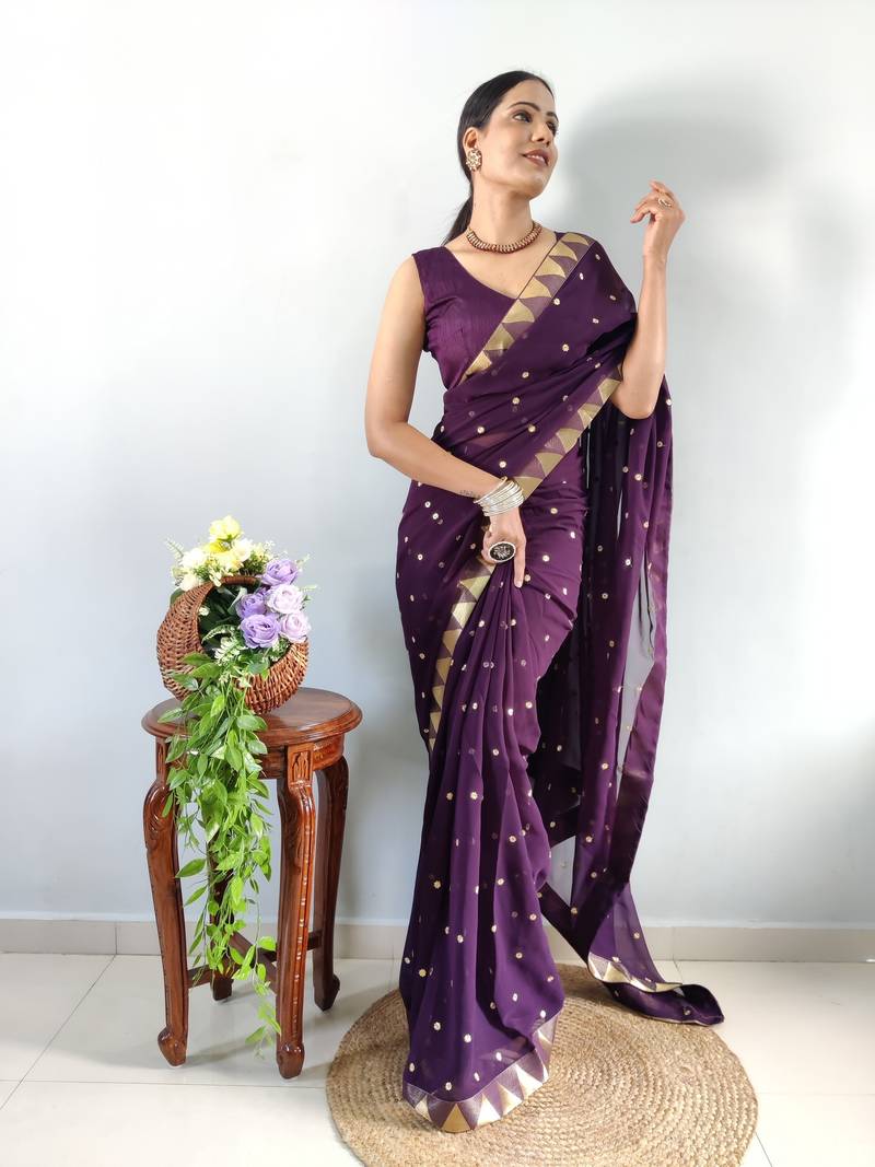 ready to wear purple faux georgette embroidered saree