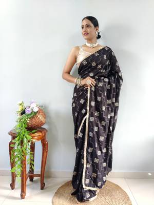 Black Faux Georgette Embroidered Pre Stitched Saree 1