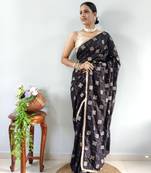 Black Faux Georgette Embroidered Pre Stitched Saree