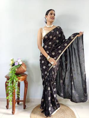 Black Faux Georgette Embroidered Pre Stitched Saree 2