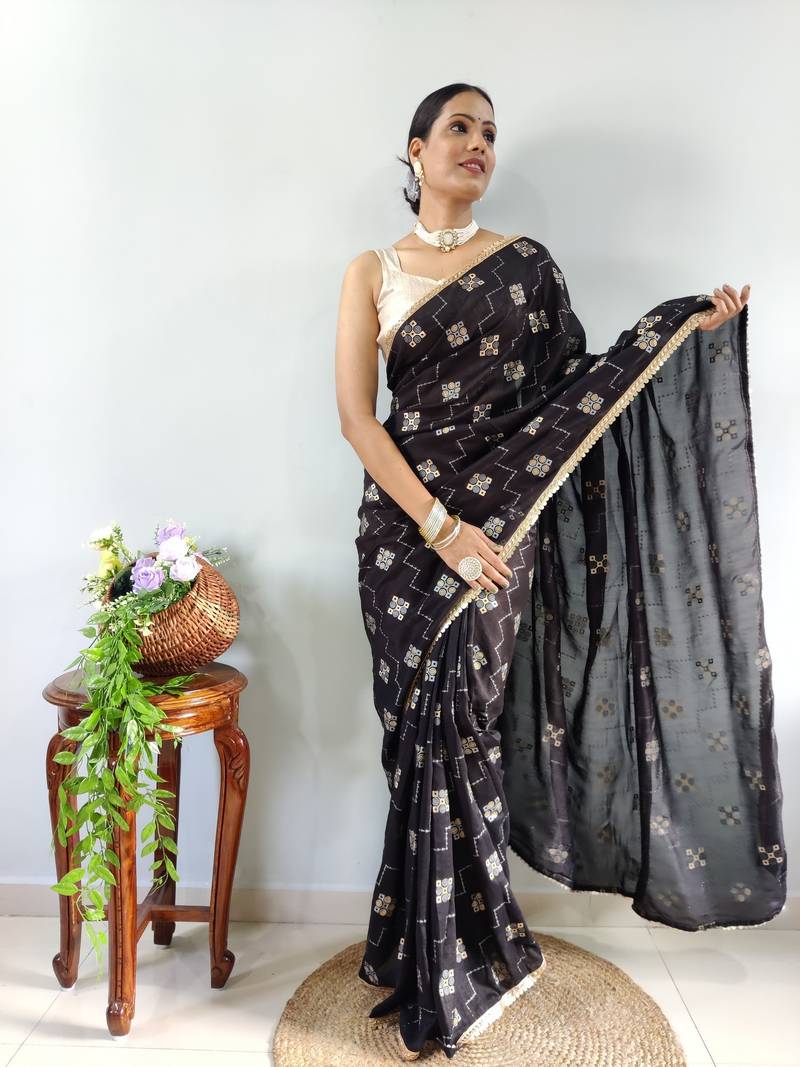 Black Faux Georgette Embroidered Pre Stitched Saree