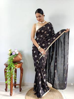 Black Faux Georgette Embroidered Pre Stitched Saree 3