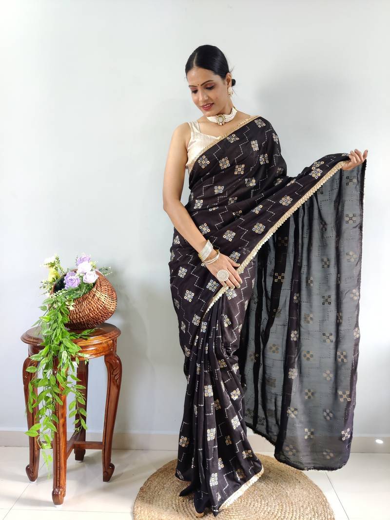 Black Faux Georgette Embroidered Pre Stitched Saree