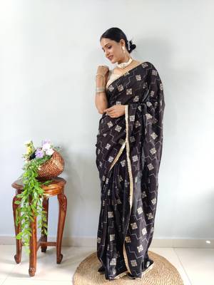 Black Faux Georgette Embroidered Pre Stitched Saree 4