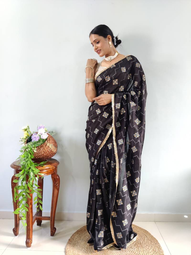 Black Faux Georgette Embroidered Pre Stitched Saree