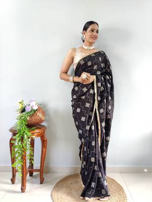 Black Faux Georgette Embroidered Pre Stitched Saree 5