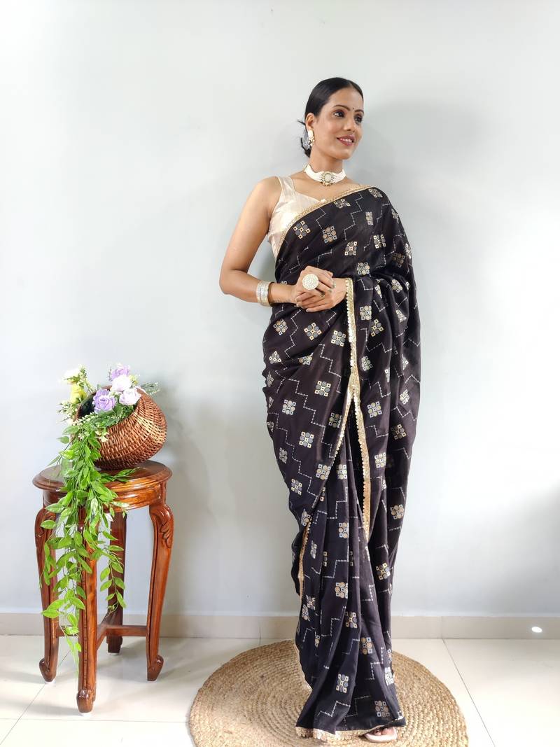 Black Faux Georgette Embroidered Pre Stitched Saree