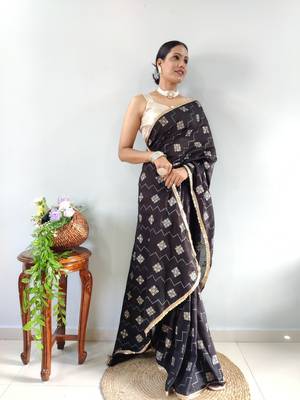 Black Faux Georgette Embroidered Pre Stitched Saree 6