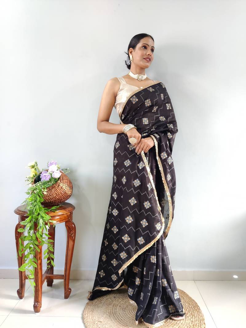 Black Faux Georgette Embroidered Pre Stitched Saree