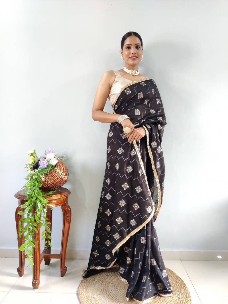Black Faux Georgette Embroidered Pre Stitched Saree