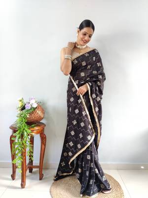 Black Faux Georgette Embroidered Pre Stitched Saree 8