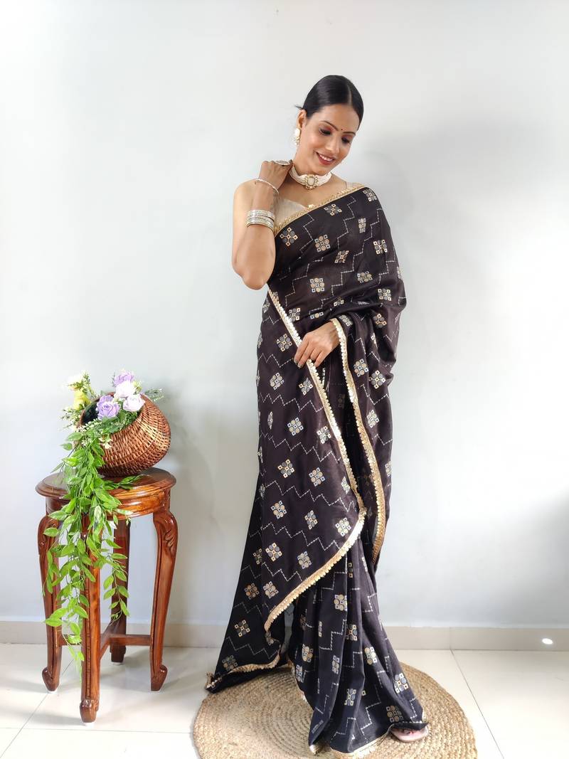 Black Faux Georgette Embroidered Pre Stitched Saree
