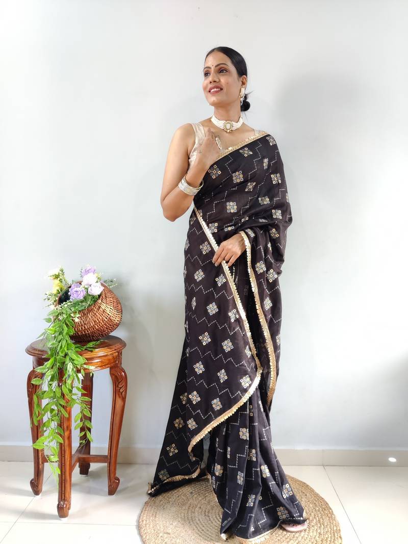 Black Faux Georgette Embroidered Pre Stitched Saree