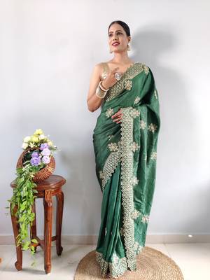 green faux georgette embroidered pre stitched saree 1