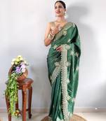 Green faux georgette embroidered pre stitched saree