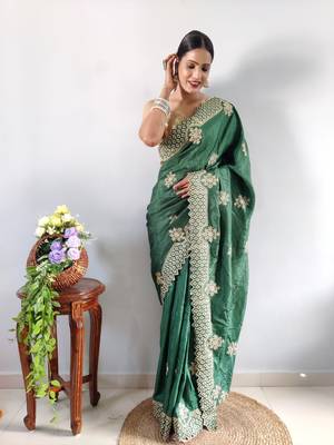 green faux georgette embroidered pre stitched saree 2