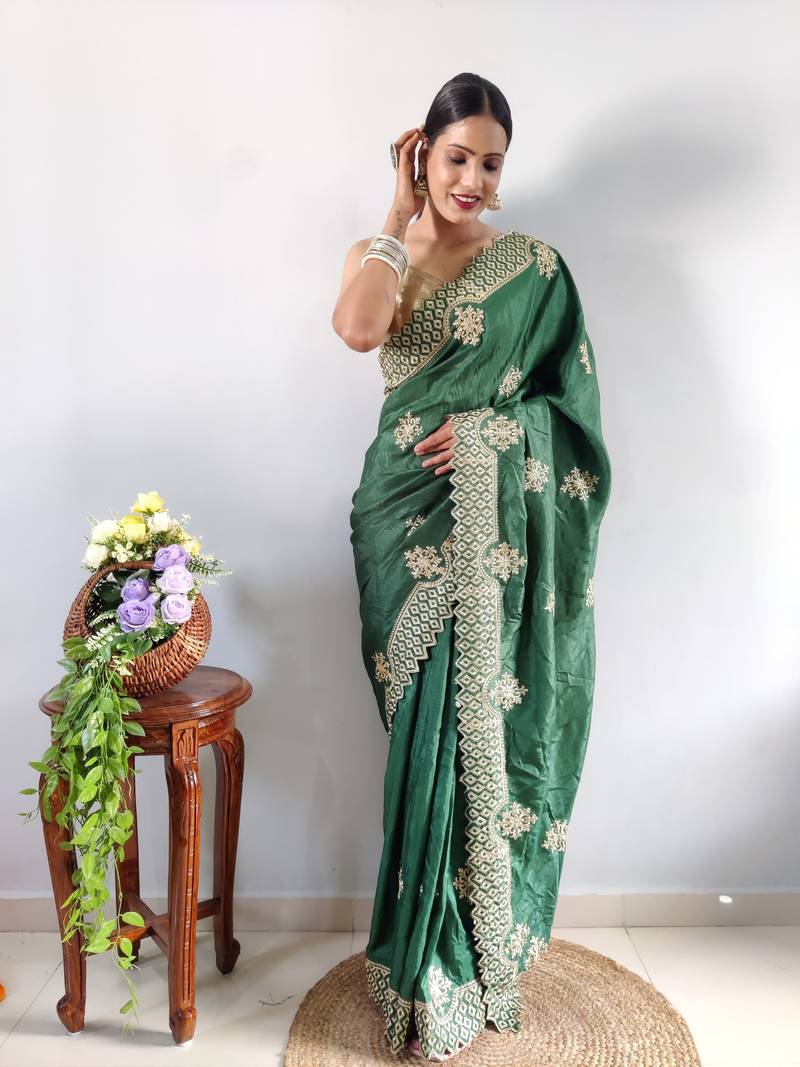 Green faux georgette embroidered pre stitched saree