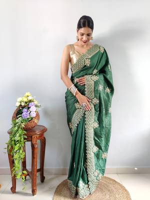 green faux georgette embroidered pre stitched saree 3
