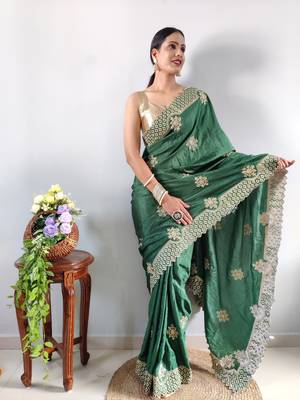 green faux georgette embroidered pre stitched saree 4