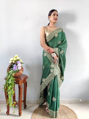 green faux georgette embroidered pre stitched saree 5