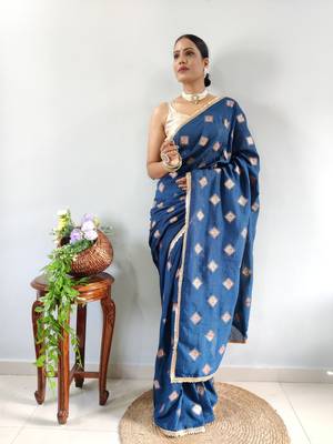 blue faux georgette embroidered pre stitched saree 1
