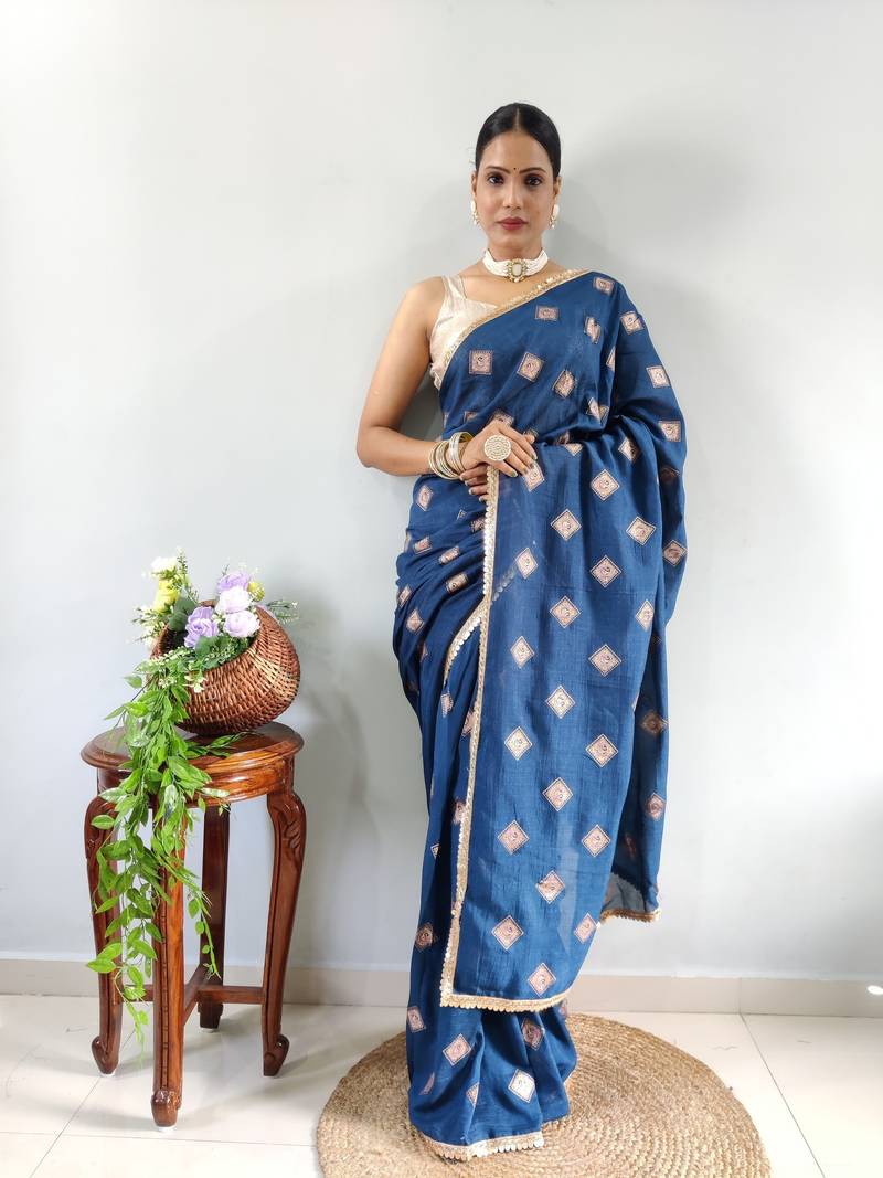 Blue Faux Georgette Embroidered Pre Stitched Saree