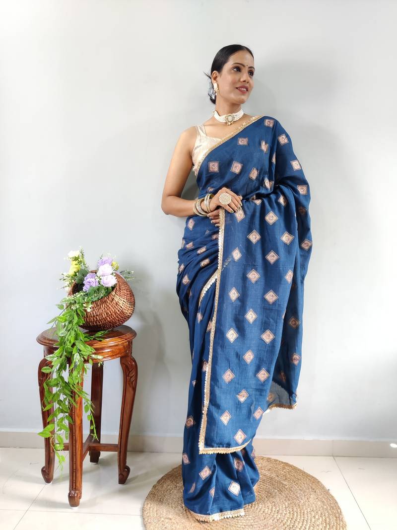 Blue Faux Georgette Embroidered Pre Stitched Saree