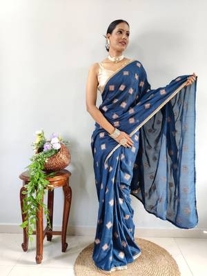 blue faux georgette embroidered pre stitched saree 4