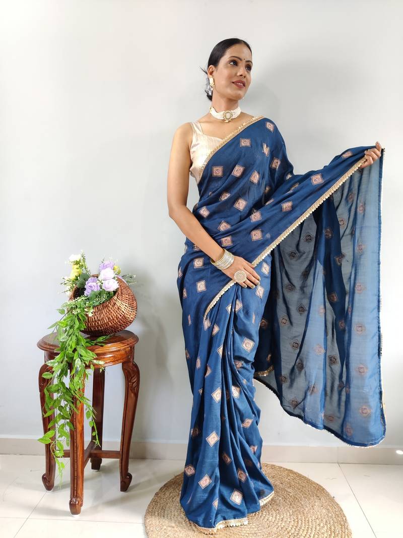 Blue Faux Georgette Embroidered Pre Stitched Saree