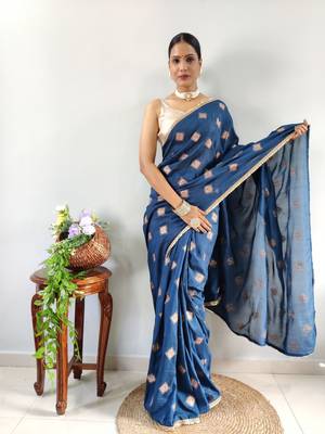 blue faux georgette embroidered pre stitched saree 5