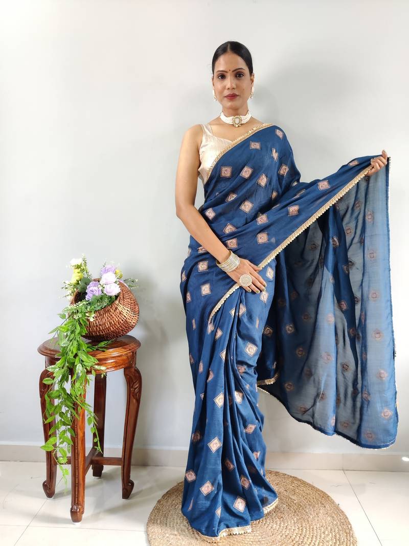 Blue Faux Georgette Embroidered Pre Stitched Saree