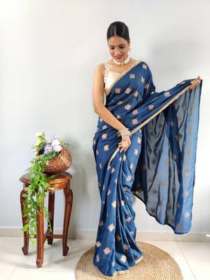blue faux georgette embroidered pre stitched saree 6