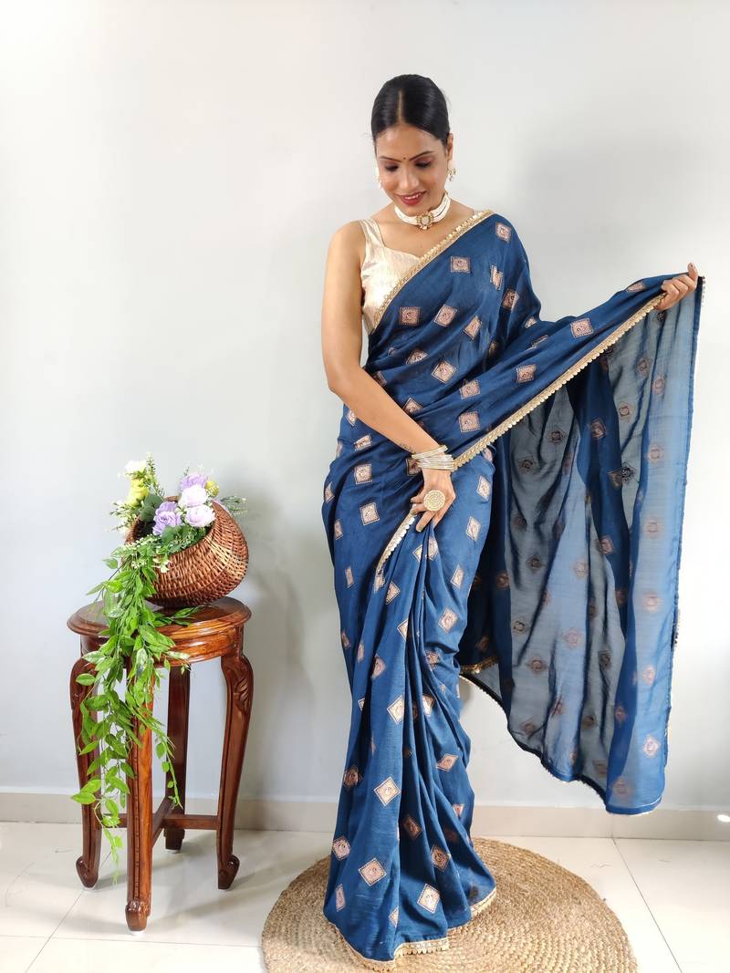 Blue Faux Georgette Embroidered Pre Stitched Saree
