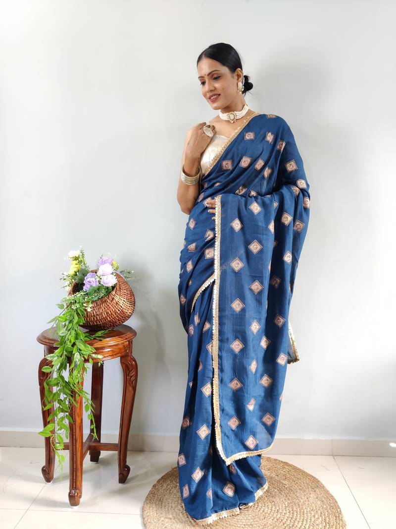 Blue Faux Georgette Embroidered Pre Stitched Saree