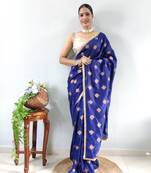 Blue Faux Georgette Embroidered Pre Stitched Saree