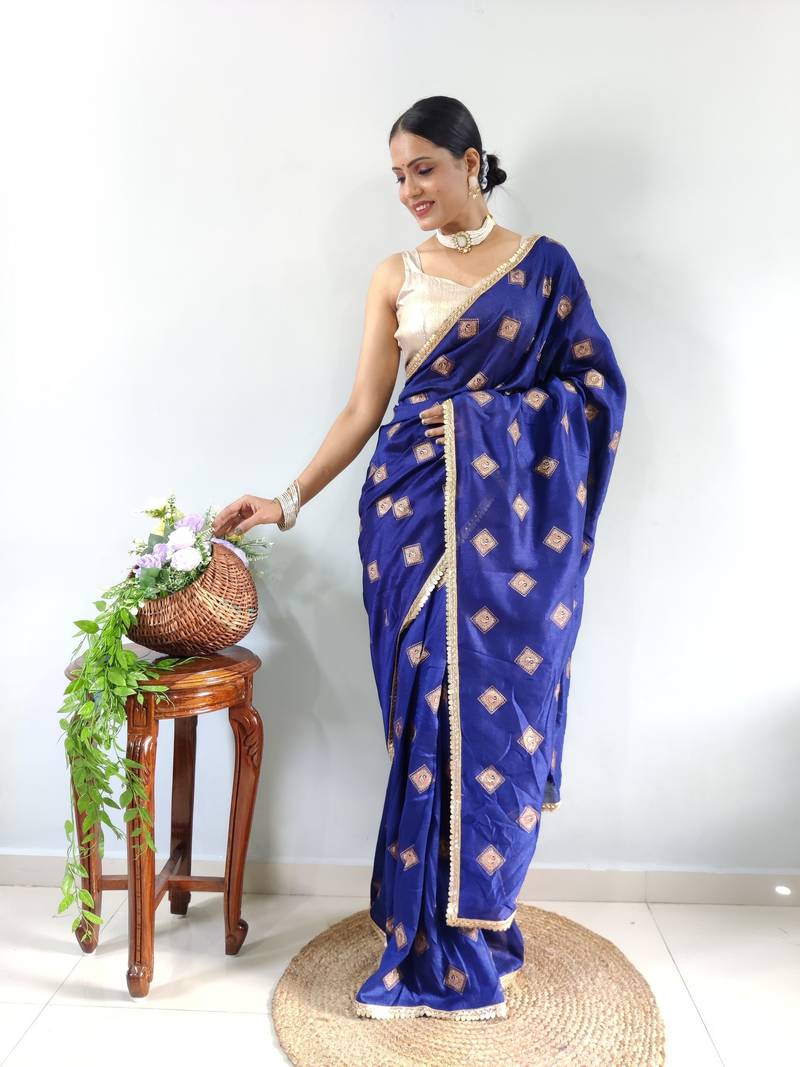 Blue Faux Georgette Embroidered Pre Stitched Saree