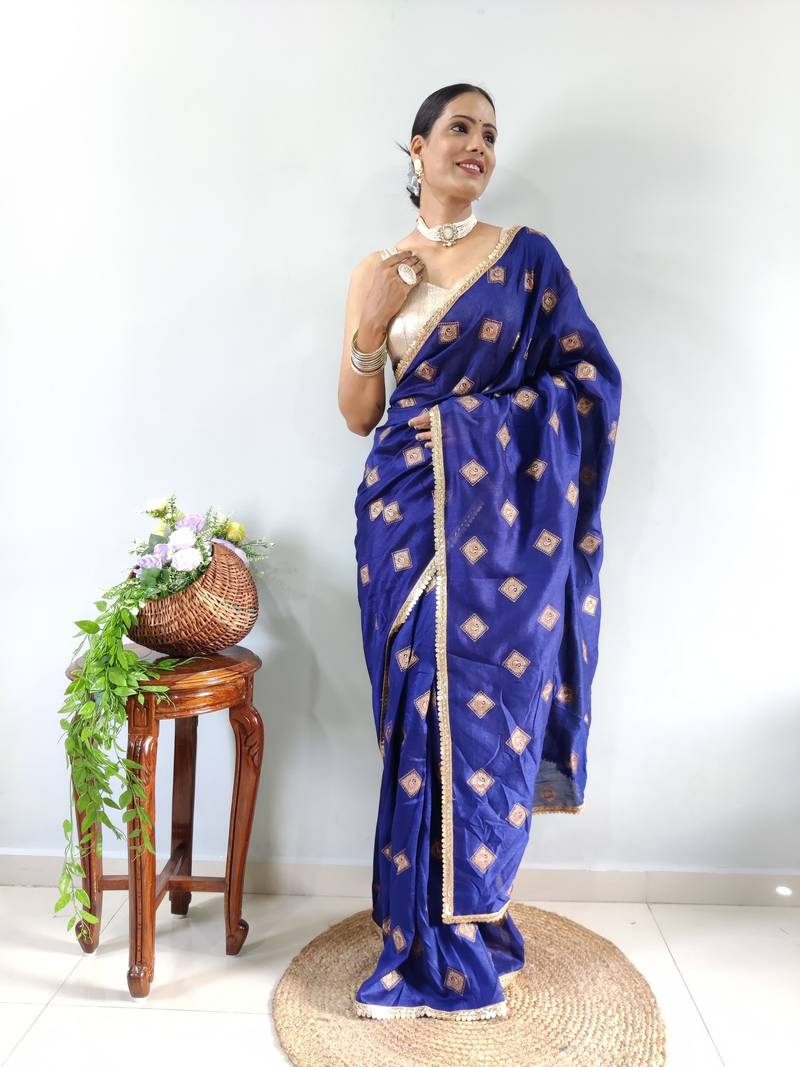 Blue Faux Georgette Embroidered Pre Stitched Saree
