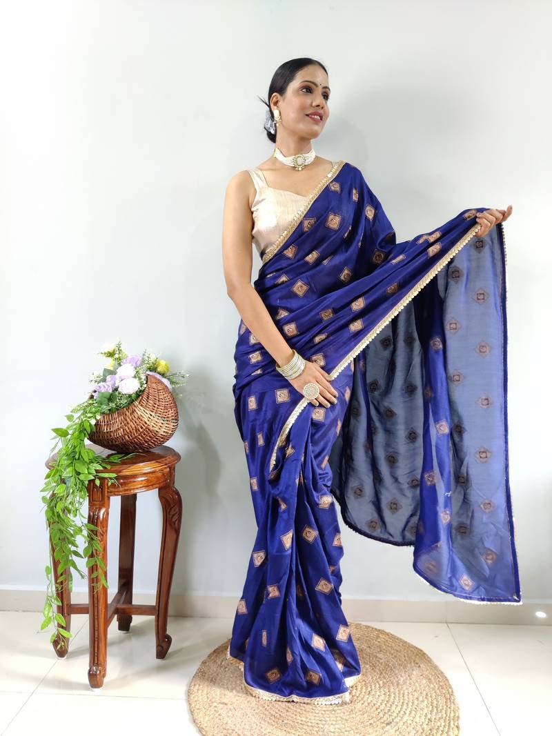 Blue Faux Georgette Embroidered Pre Stitched Saree