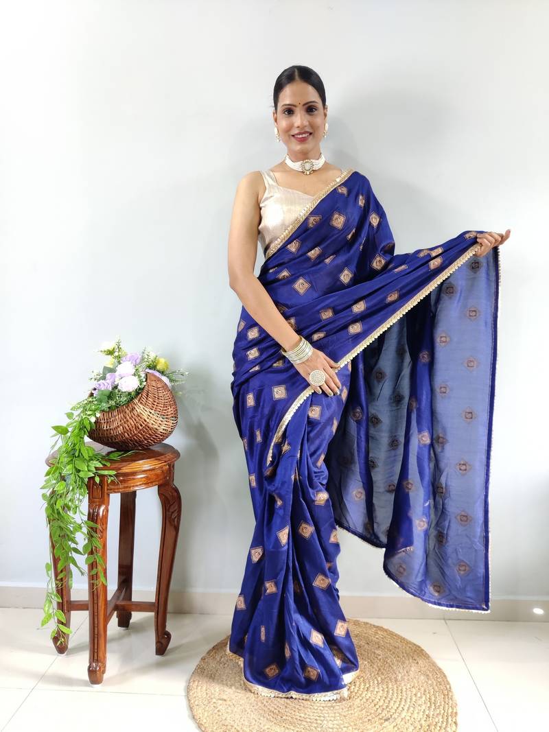 Blue Faux Georgette Embroidered Pre Stitched Saree