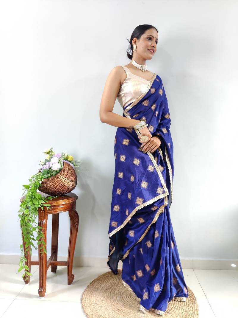 Blue Faux Georgette Embroidered Pre Stitched Saree