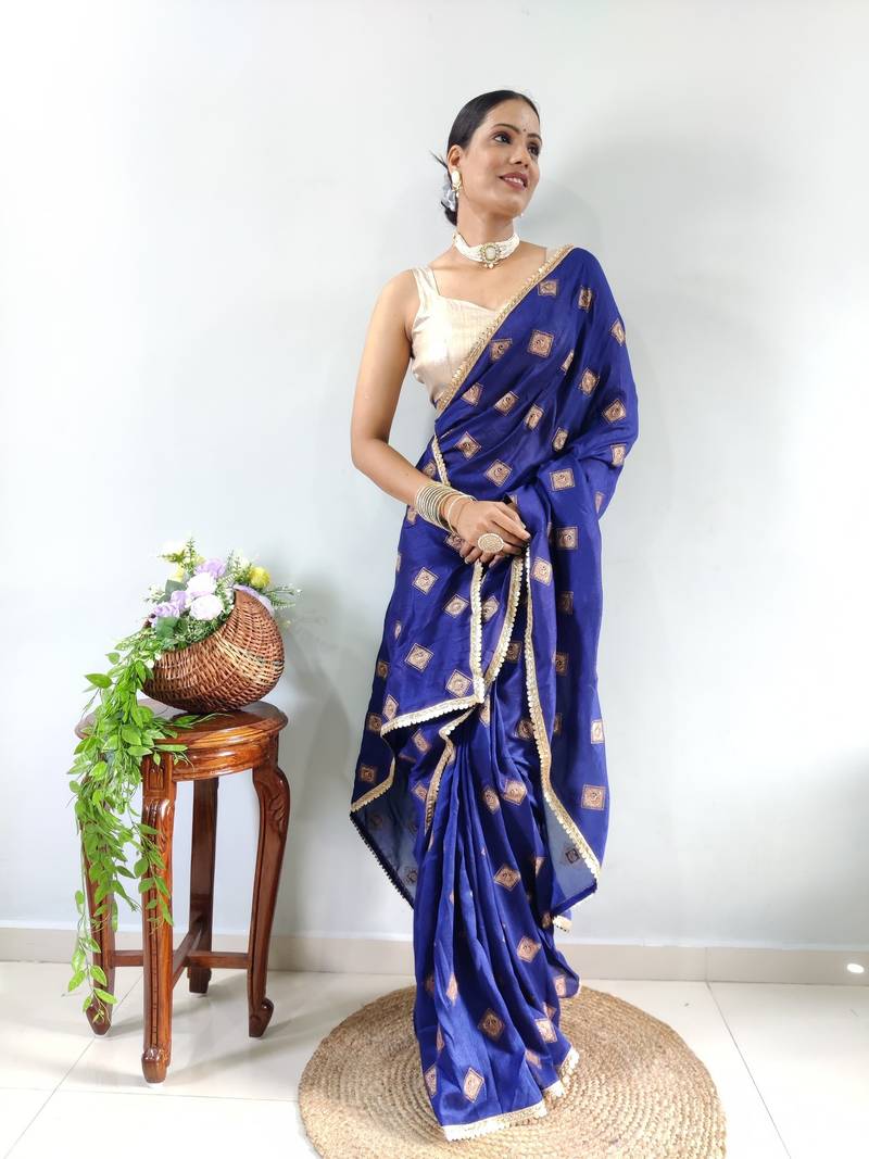 Blue Faux Georgette Embroidered Pre Stitched Saree