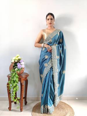 light blue faux georgette embroidered pre stitched saree 1