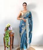 Light Blue faux georgette embroidered pre stitched saree