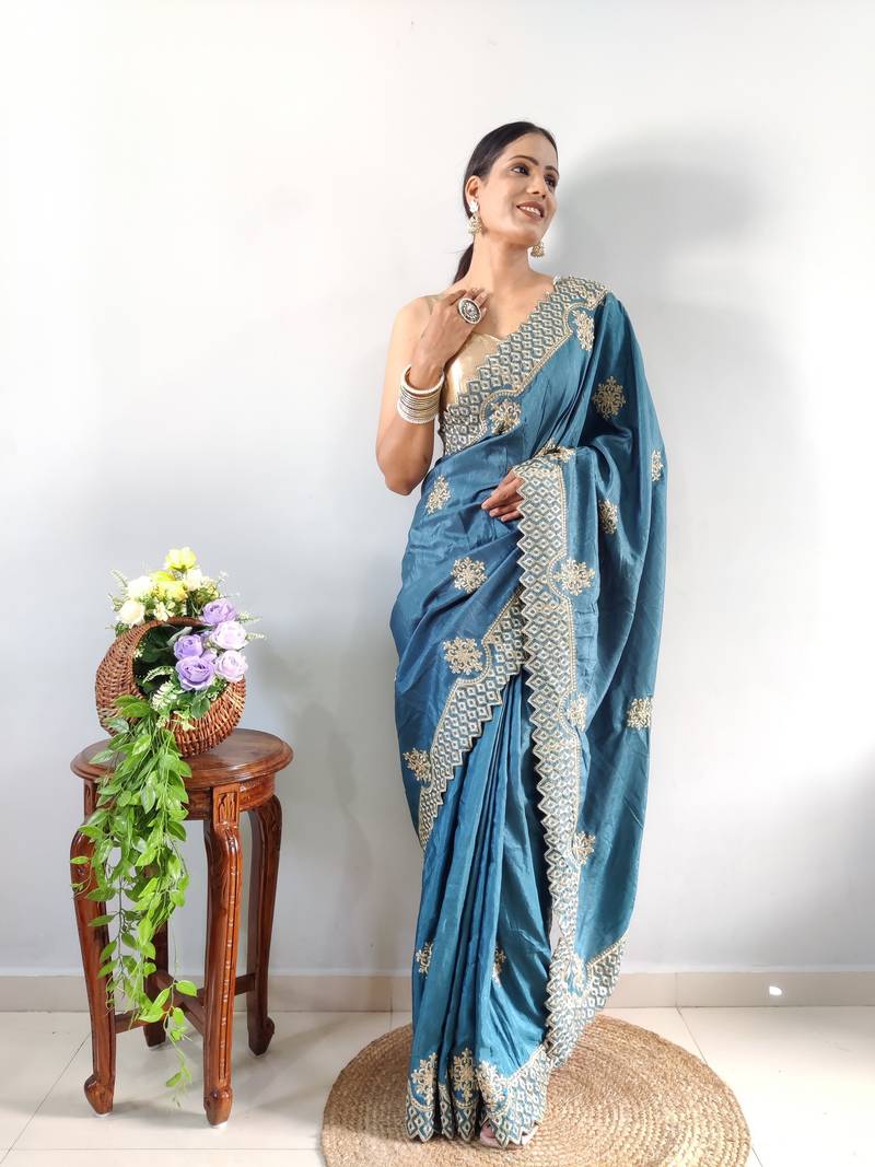 Light Blue faux georgette embroidered pre stitched saree