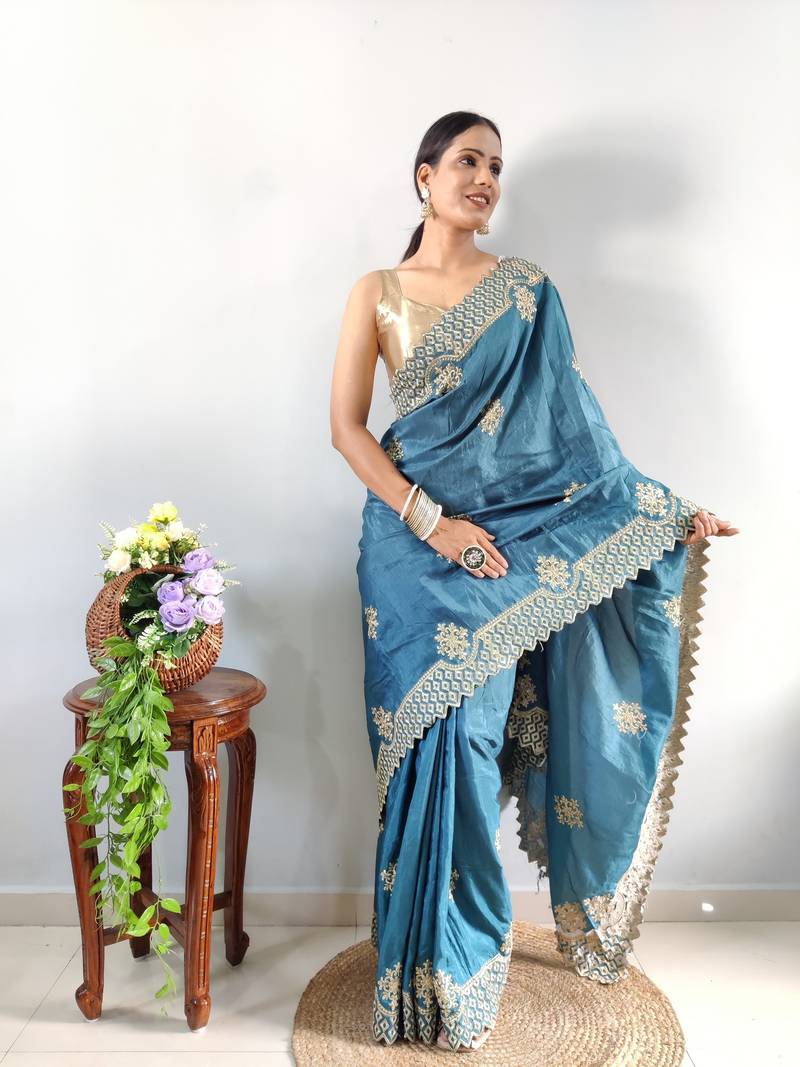 Light Blue faux georgette embroidered pre stitched saree